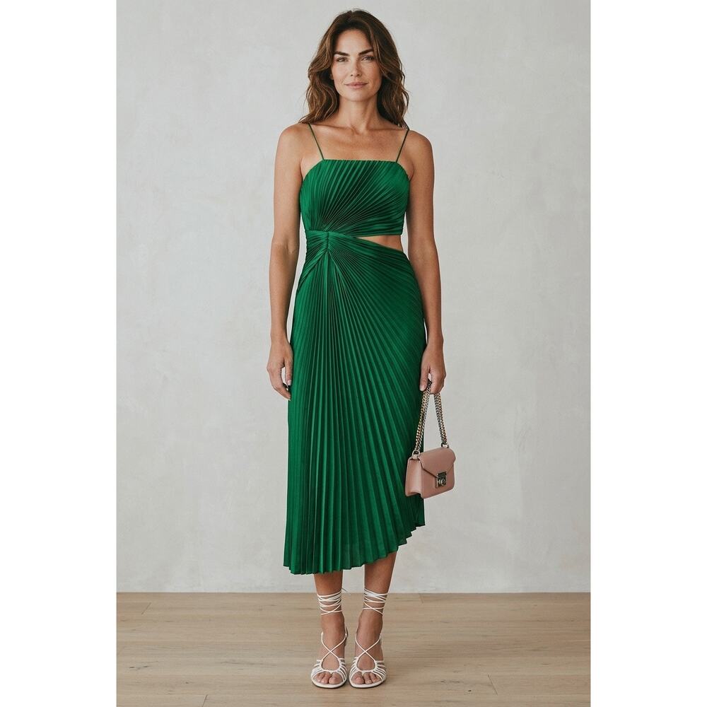 Alice + Olivia Pleated Cut-Out Dress Sleeveless Emerald Green Size 6 NWT - Picture 15 of 15